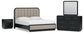 Rowanbeck California King Upholstered Panel Bed with Mirrored Dresser and Nightstand