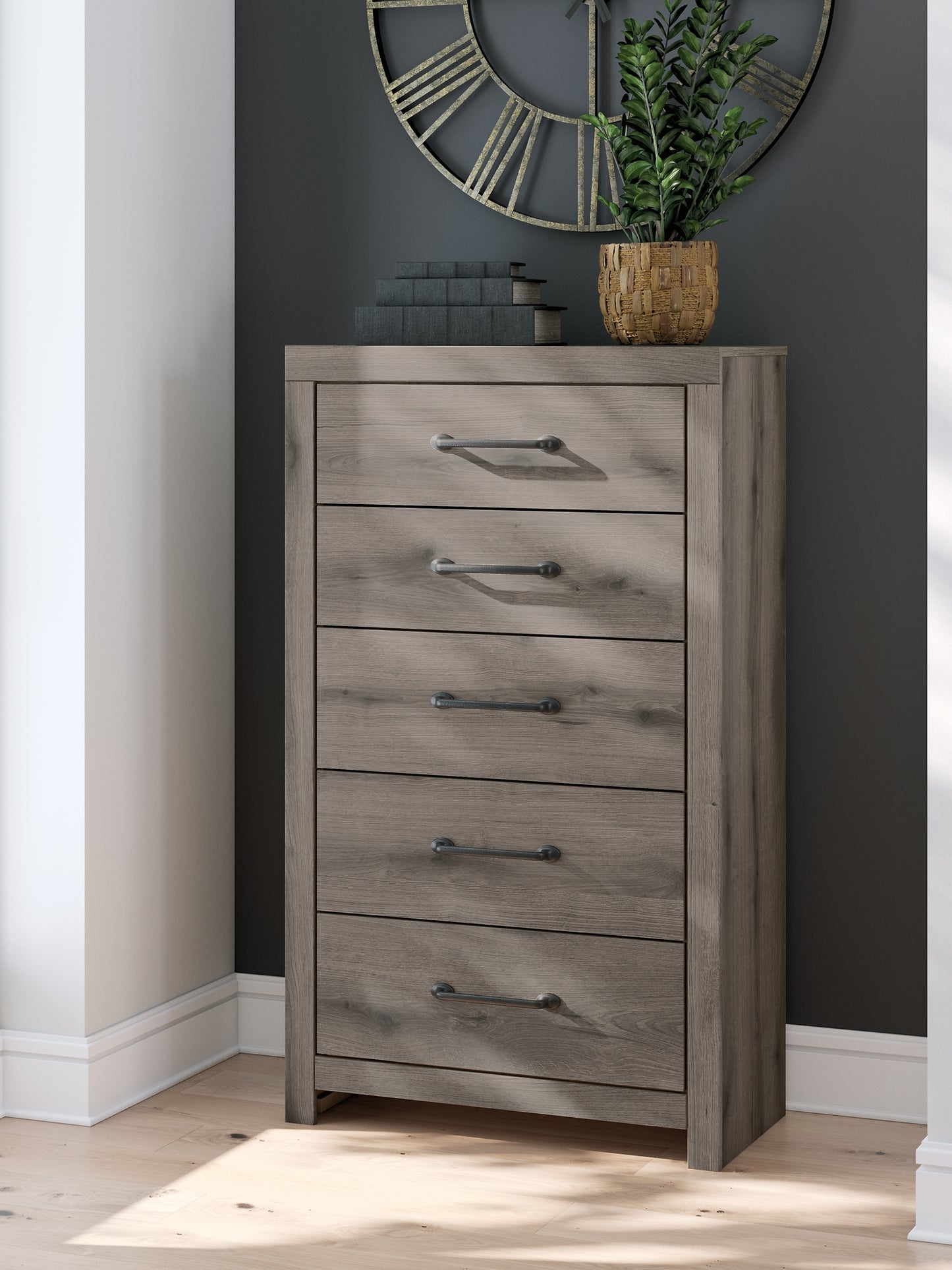 Graystorm Queen Panel Bed with Mirrored Dresser, Chest and Nightstand