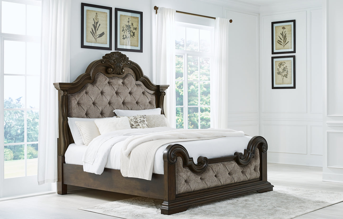 Maylee King Upholstered Bed with Mirrored Dresser, Chest and Nightstand