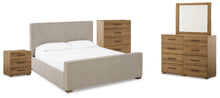 Load image into Gallery viewer, Dakmore California King Upholstered Bed with Mirrored Dresser, Chest and Nightstand
